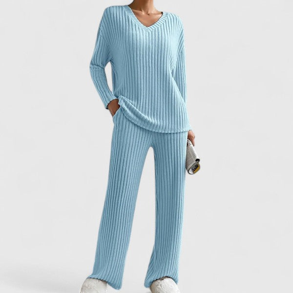 Cynthia | Stylish Ribbed V-Neck Wide Leg Lounge Set