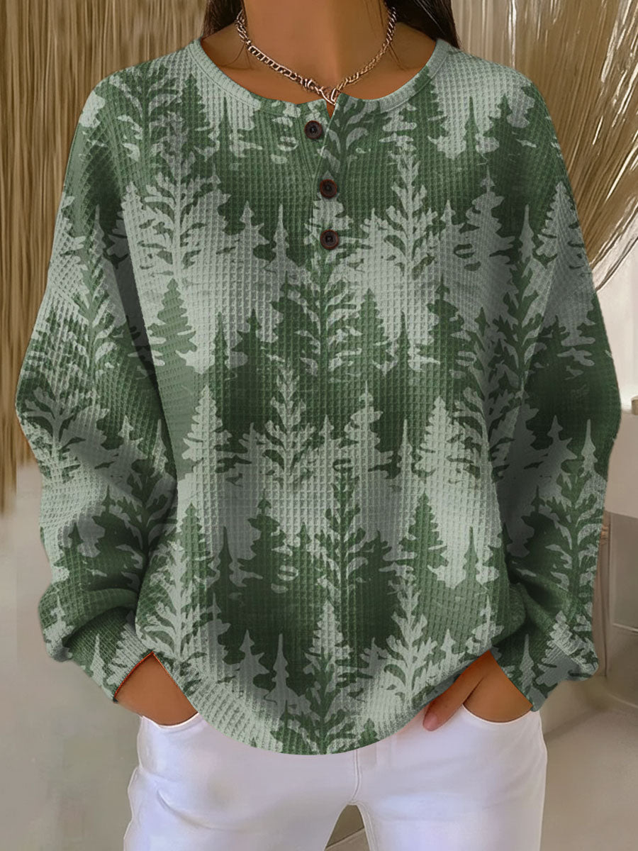 Deborah | Christmas Tree Print Henley Knit Sweater