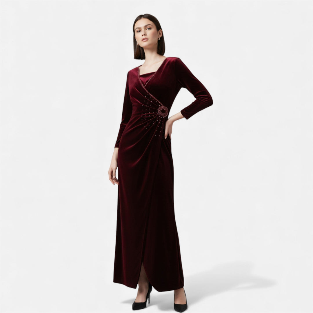 Diana | Classic Velvet Wrap Christmas Dress with Beaded Waist