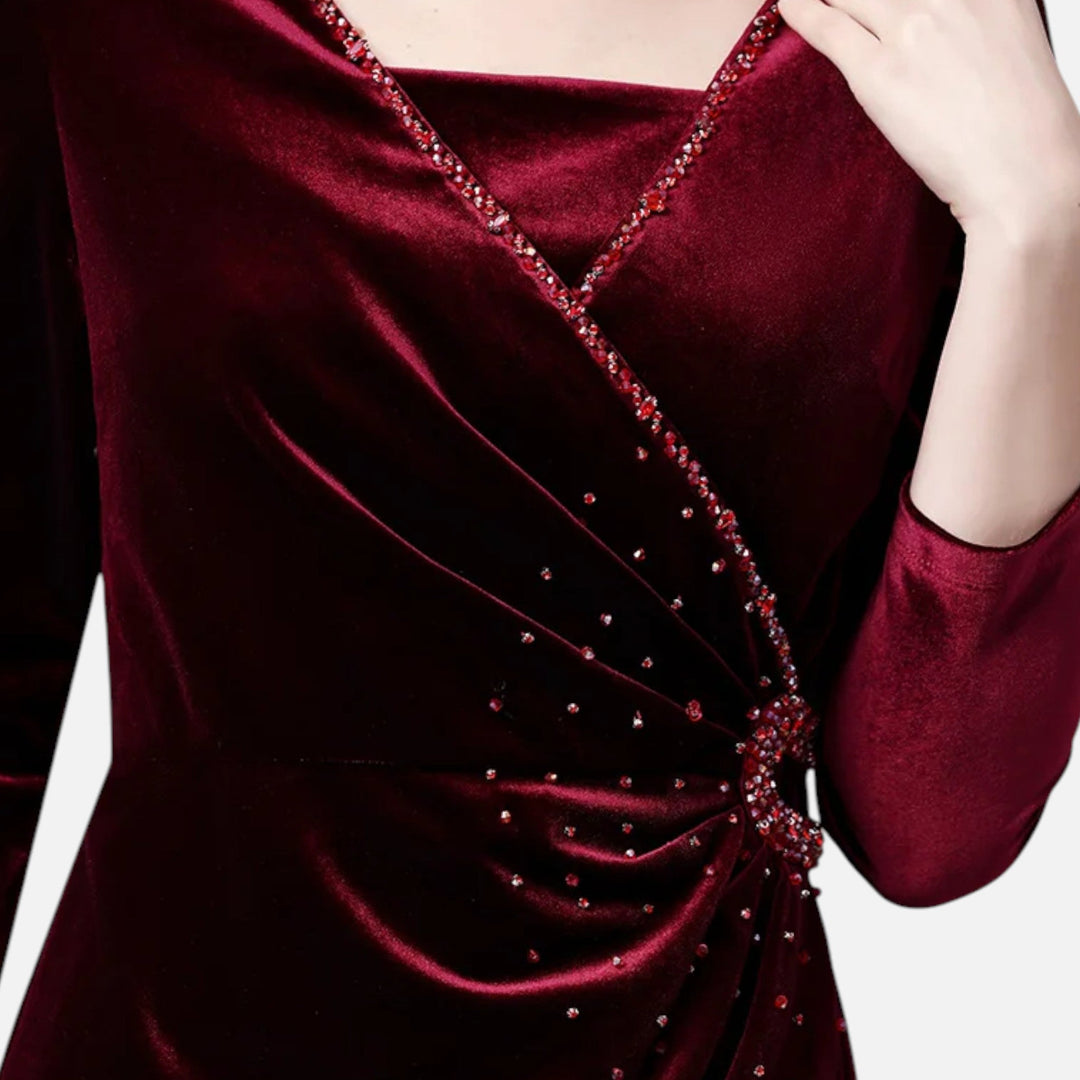 Diana | Classic Velvet Wrap Christmas Dress with Beaded Waist