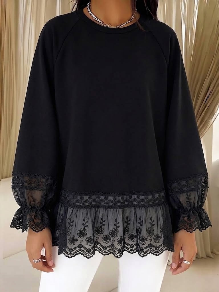 Diane | Polished Floral Lace Trim Crewneck Sweatshirt