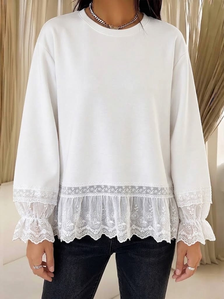 Diane | Polished Floral Lace Trim Crewneck Sweatshirt