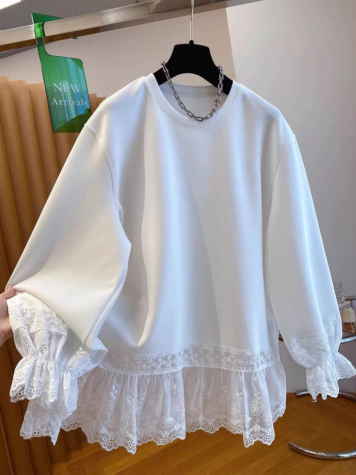 Diane | Polished Floral Lace Trim Crewneck Sweatshirt