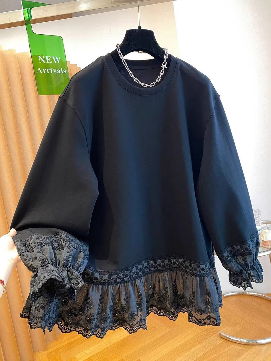 Diane | Polished Floral Lace Trim Crewneck Sweatshirt
