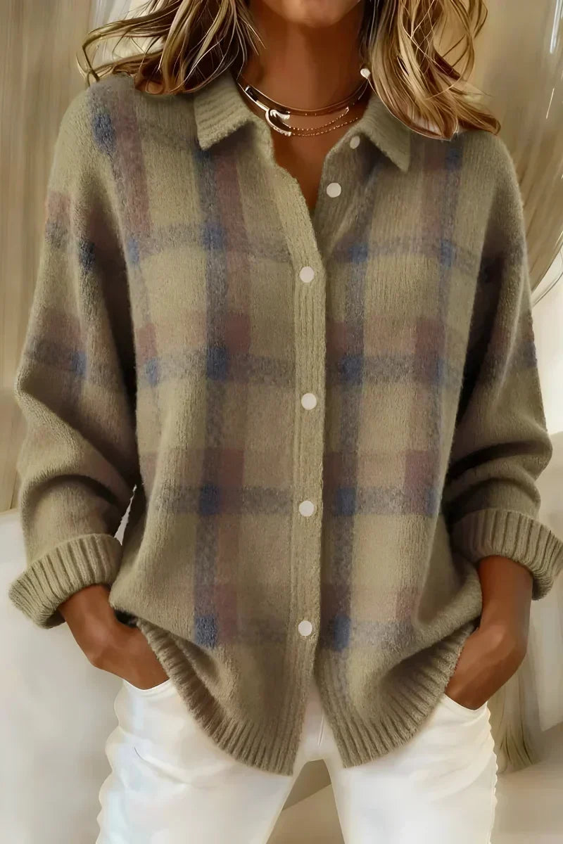 Donna | Plaid Collared Button-Up Knit Cardigan