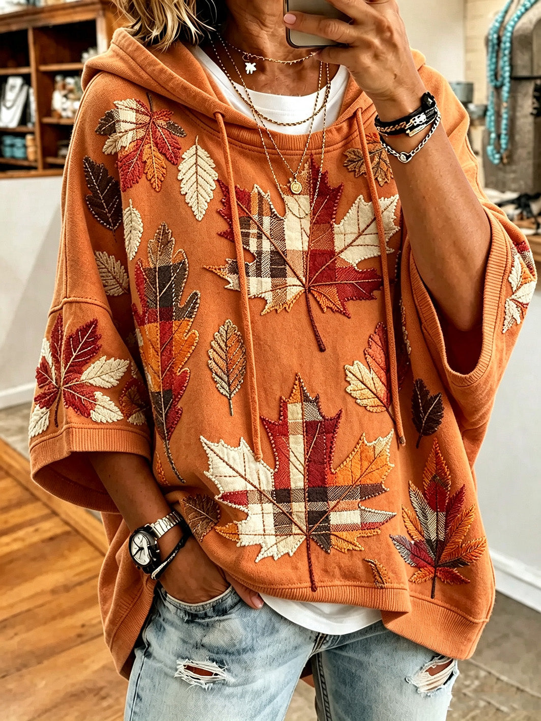 Elizabeth | Chic Leaf Applique Oversized Pullover Hoodie