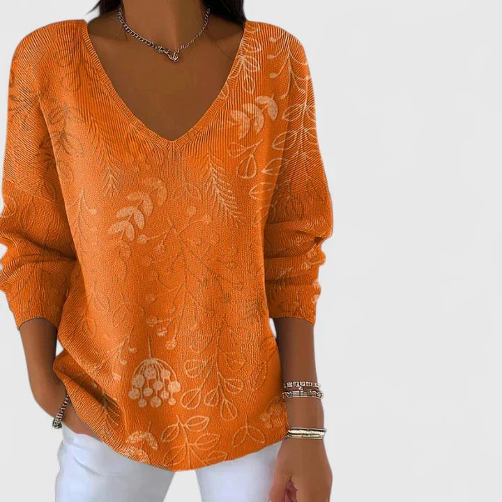 Elizabeth | Refined Leaf Print V-Neck Knit Sweater