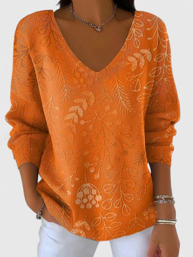 Elizabeth | Refined Leaf Print V-Neck Knit Sweater