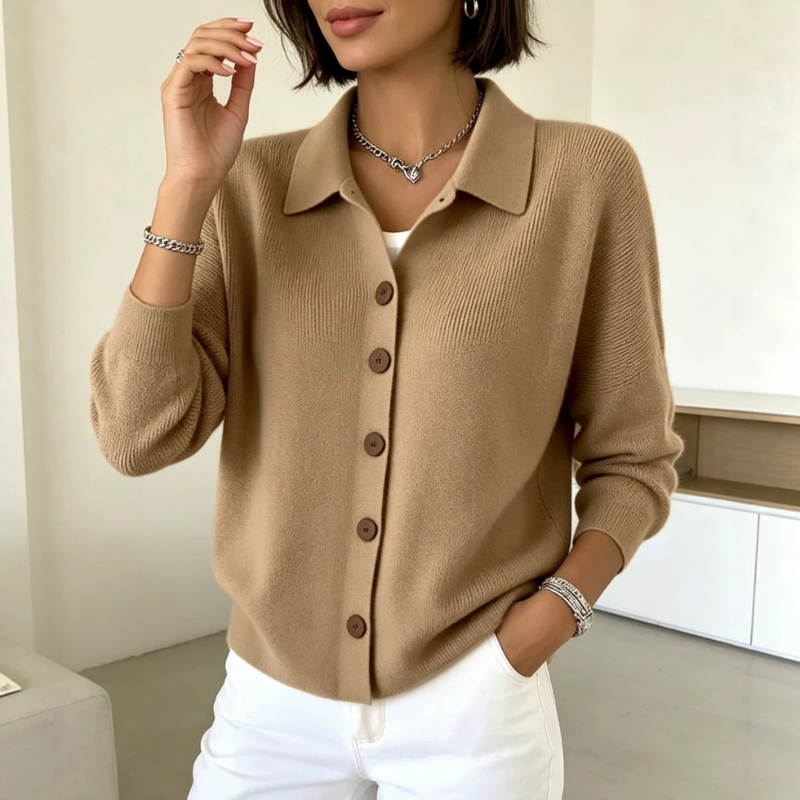 Ellen | Elegant Strikket Cardigan Dame med Knapper og Krave