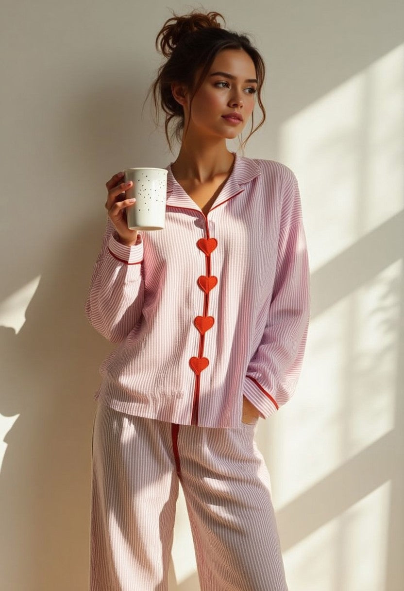 Ellen | Sofistikeret Stribet Nattøj Dame Pyjamasæt med Hjerteknapper