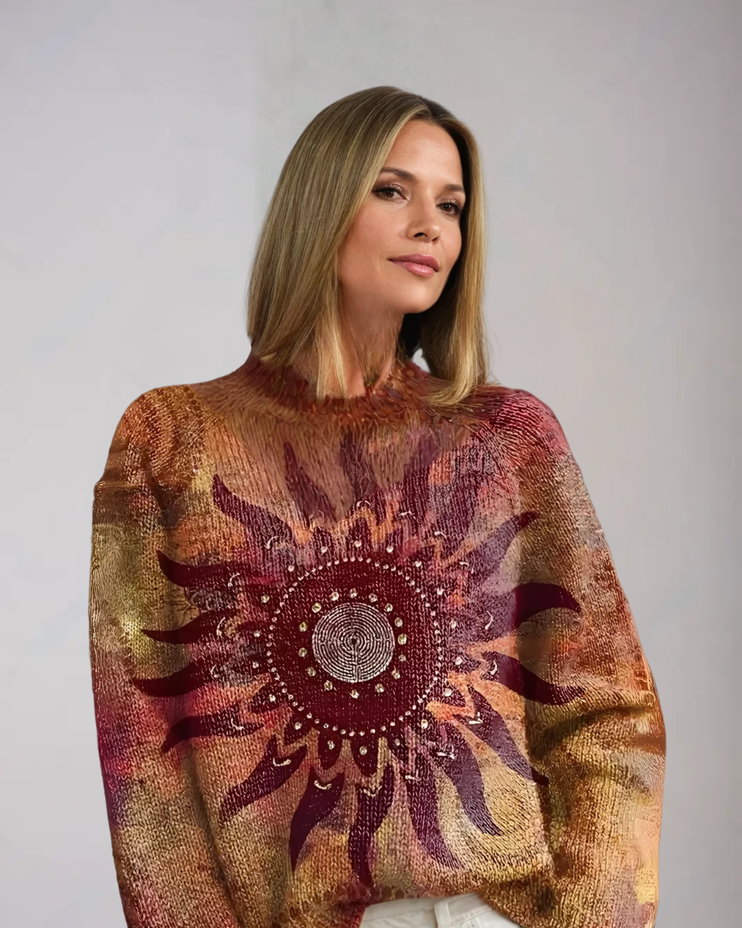 Emily | Cozy Sun Motif Mock Neck Knit Sweater