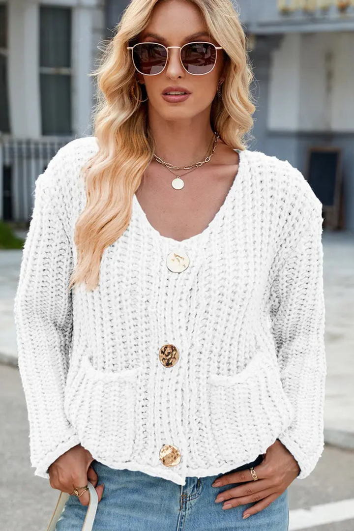 Emily | Polished V-Neck Knit Sweater Cardigan with Pockets