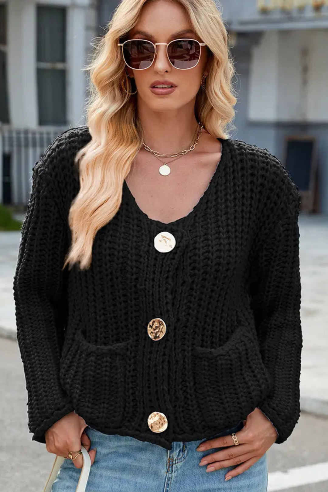 Emily | Polished V-Neck Knit Sweater Cardigan with Pockets