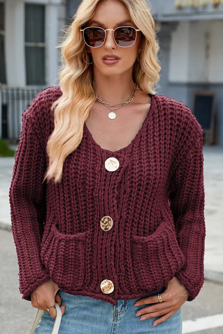 Emily | Polished V-Neck Knit Sweater Cardigan with Pockets