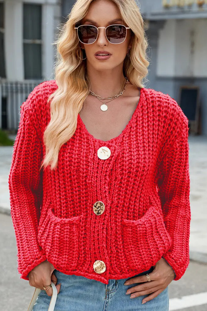 Emily | Polished V-Neck Knit Sweater Cardigan with Pockets