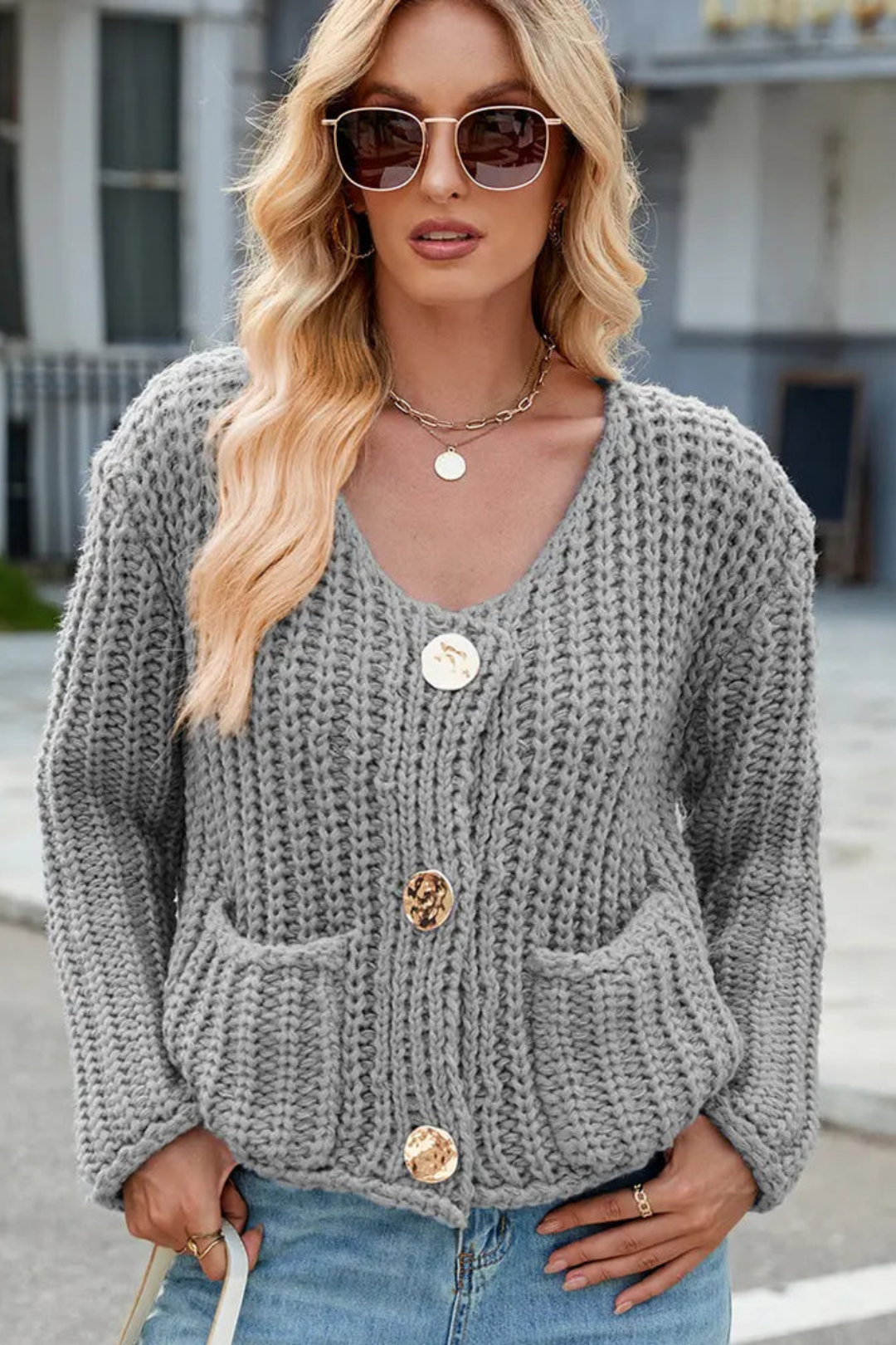 Emily | Polished V-Neck Knit Sweater Cardigan with Pockets