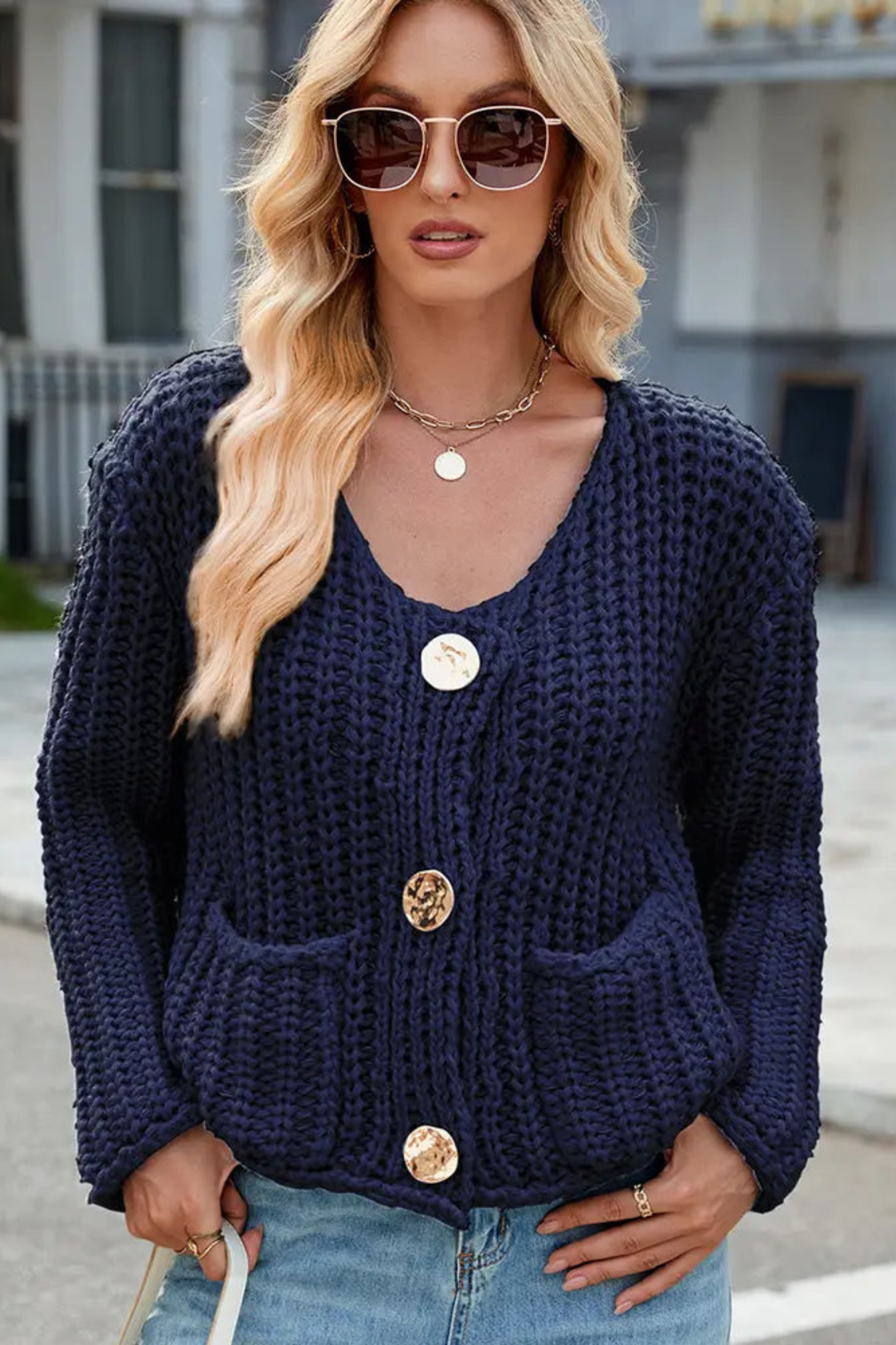 Emily | Polished V-Neck Knit Sweater Cardigan with Pockets