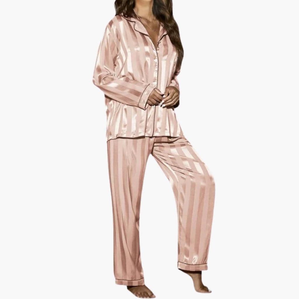 Emma | Elegant Stribet Skinnende Pyjamasæt Nattøj Dame