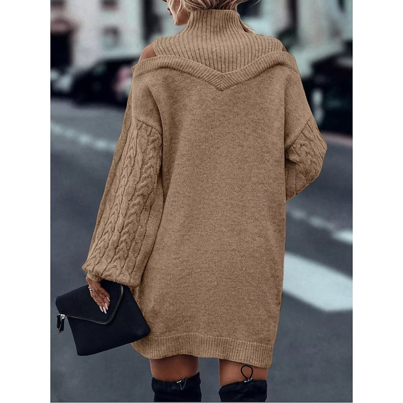 Esther | Hyggelig Strik Kjole med Cold-Shoulder og Rullekrave