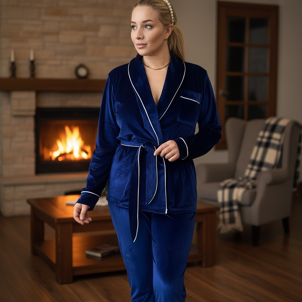 Eva | Klassisk Pyjamasæt Nattøj Dame med Kontrastbesætning
