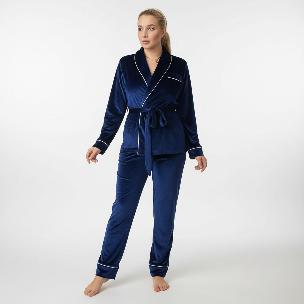Eva | Klassisk Pyjamasæt Nattøj Dame med Kontrastbesætning