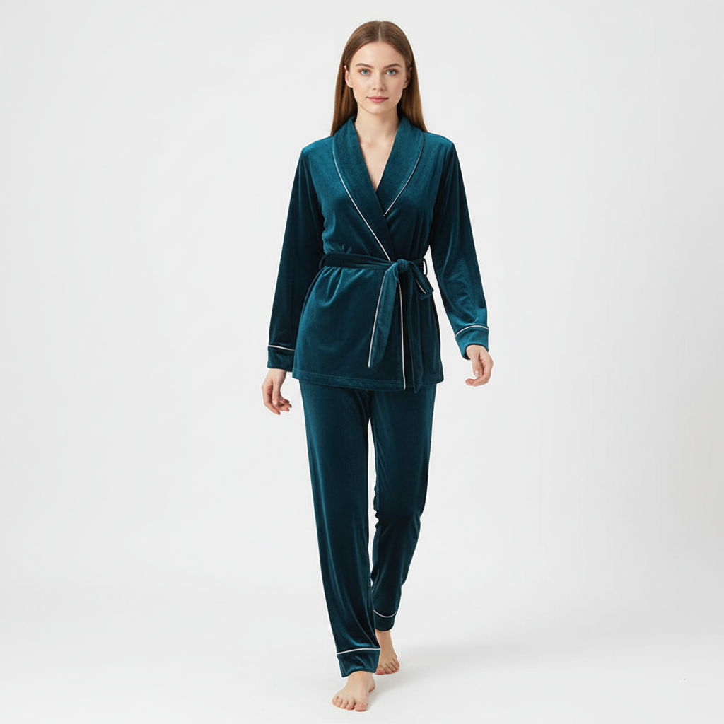 Eva | Klassisk Pyjamasæt Nattøj Dame med Kontrastbesætning