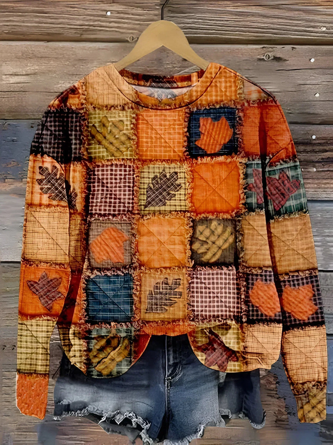 Evelyn | Leaf Print Patchwork Crew Neck Knit Sweater