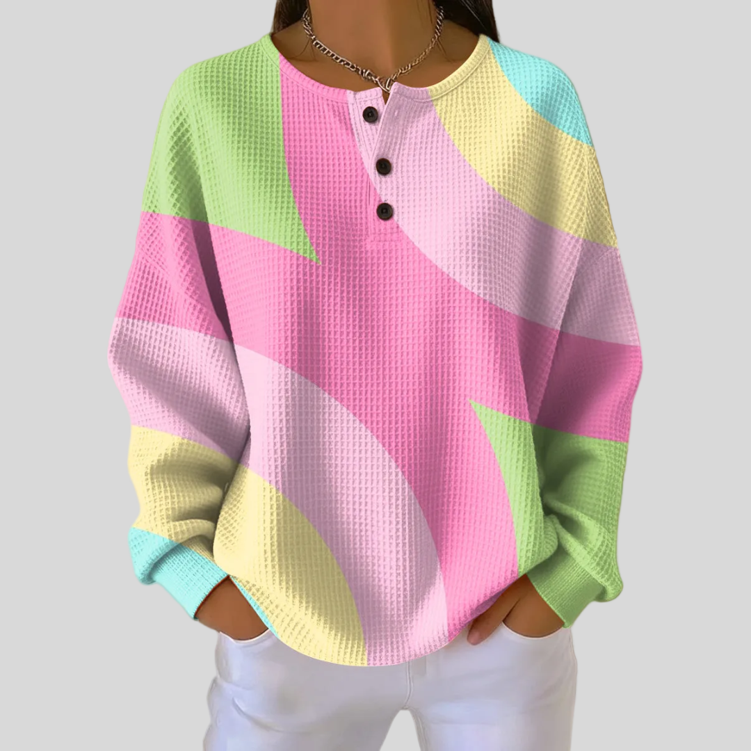Frances | Abstract Print Waffle Knit Henley Sweatshirt