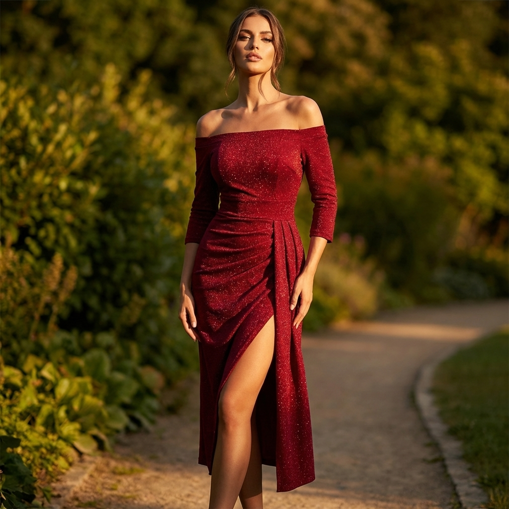 Freja | Stilfuld Kjole til Julefrokost med Off-Shoulder Design og Høj Slids