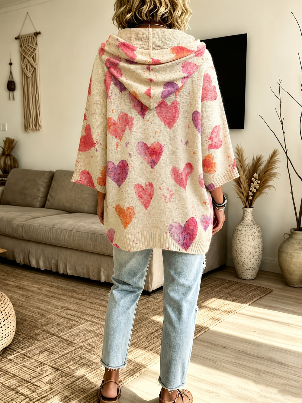 Gloria | Oversized Heart Print Hooded Knit Sweater