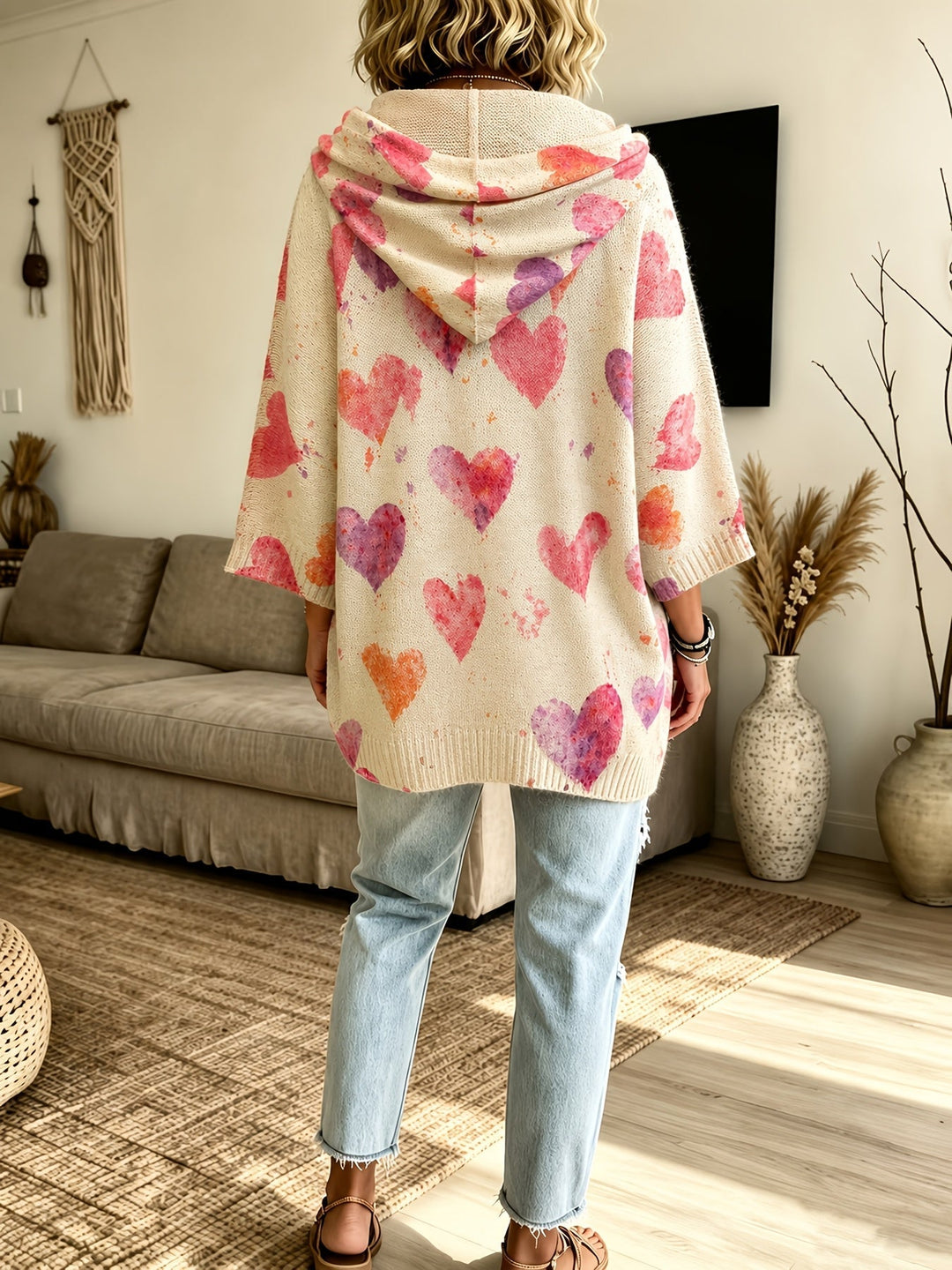 Gloria | Oversized Heart Print Hooded Knit Sweater