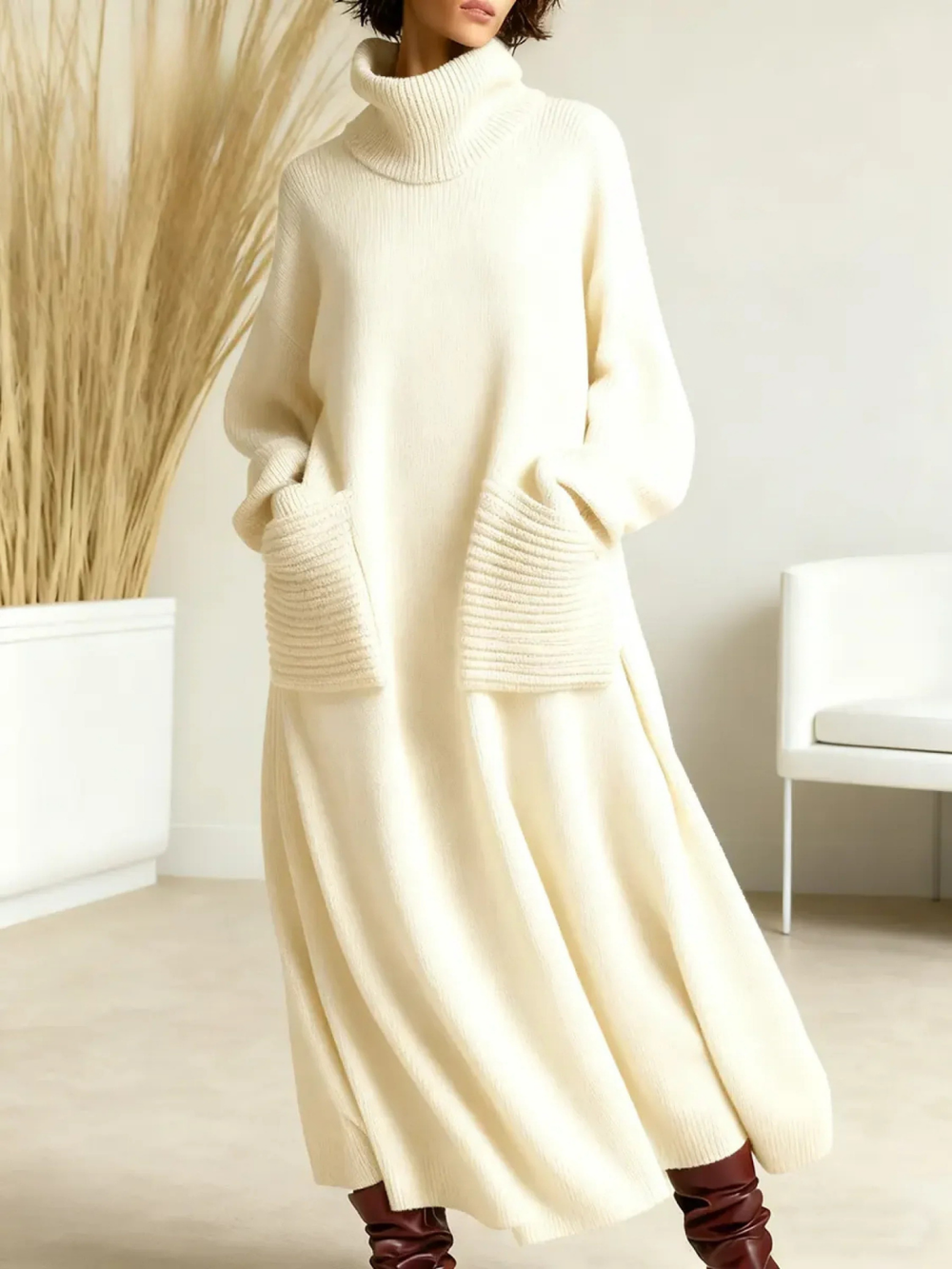 Gloria | Refined Turtleneck Maxi Sweater Dress with Ribbed Pockets