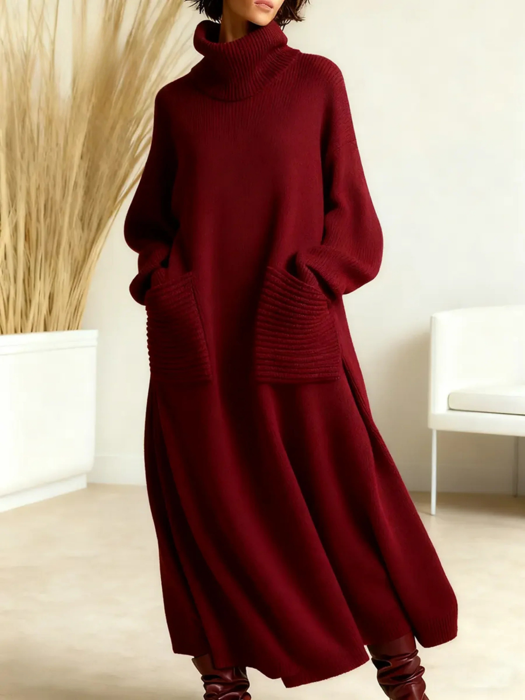 Gloria | Refined Turtleneck Maxi Sweater Dress with Ribbed Pockets