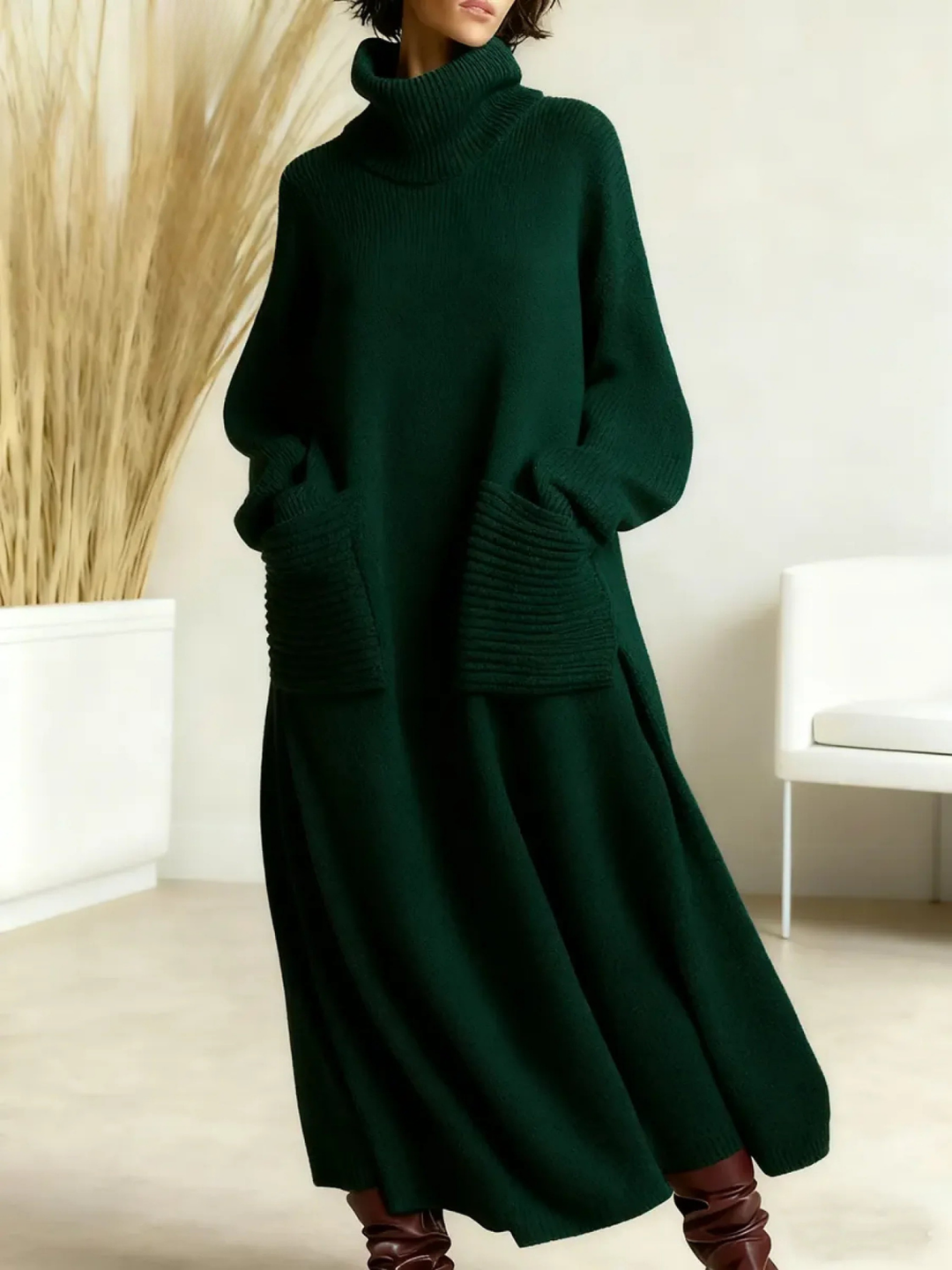 Gloria | Refined Turtleneck Maxi Sweater Dress with Ribbed Pockets