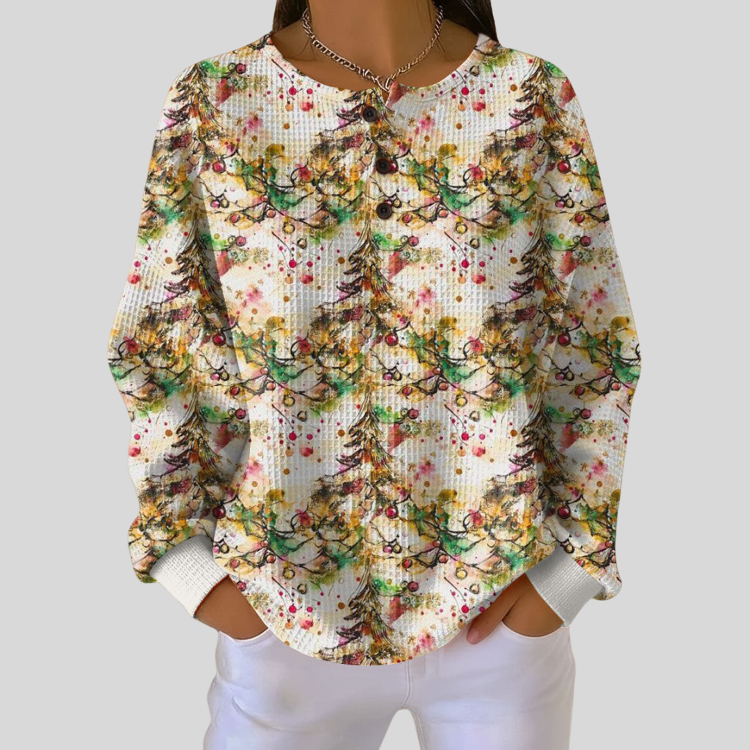 Grace | Cozy Christmas Tree Print Henley Knit Sweater