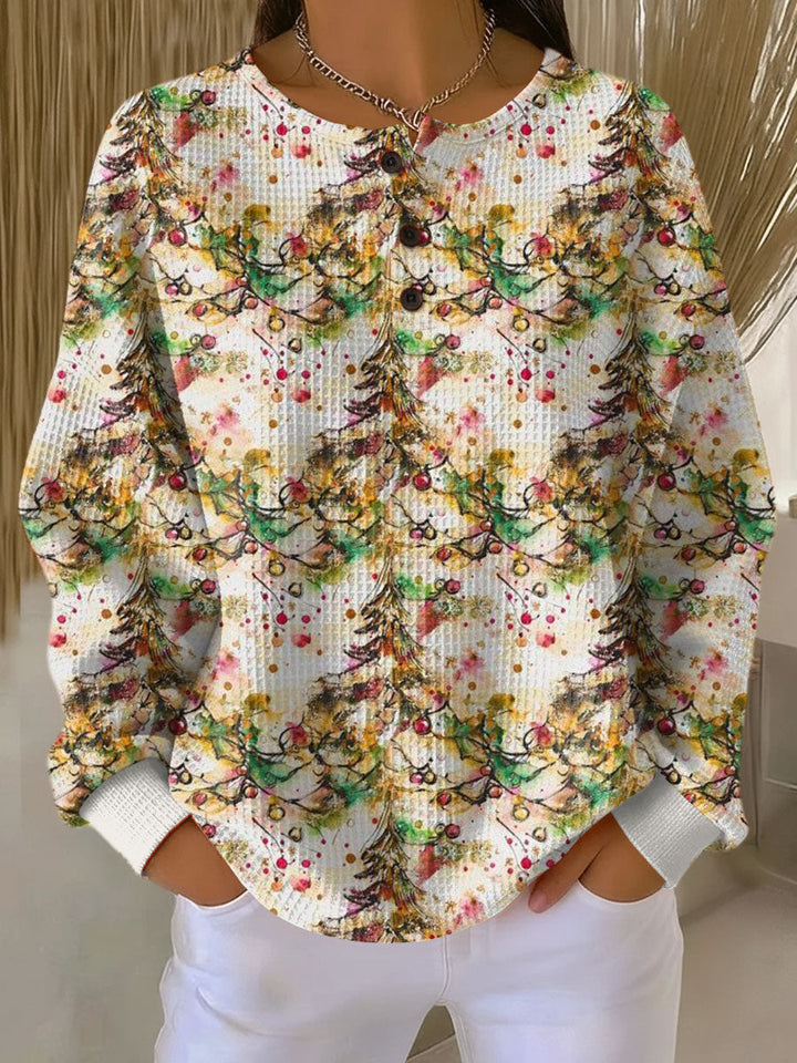 Grace | Cozy Christmas Tree Print Henley Knit Sweater