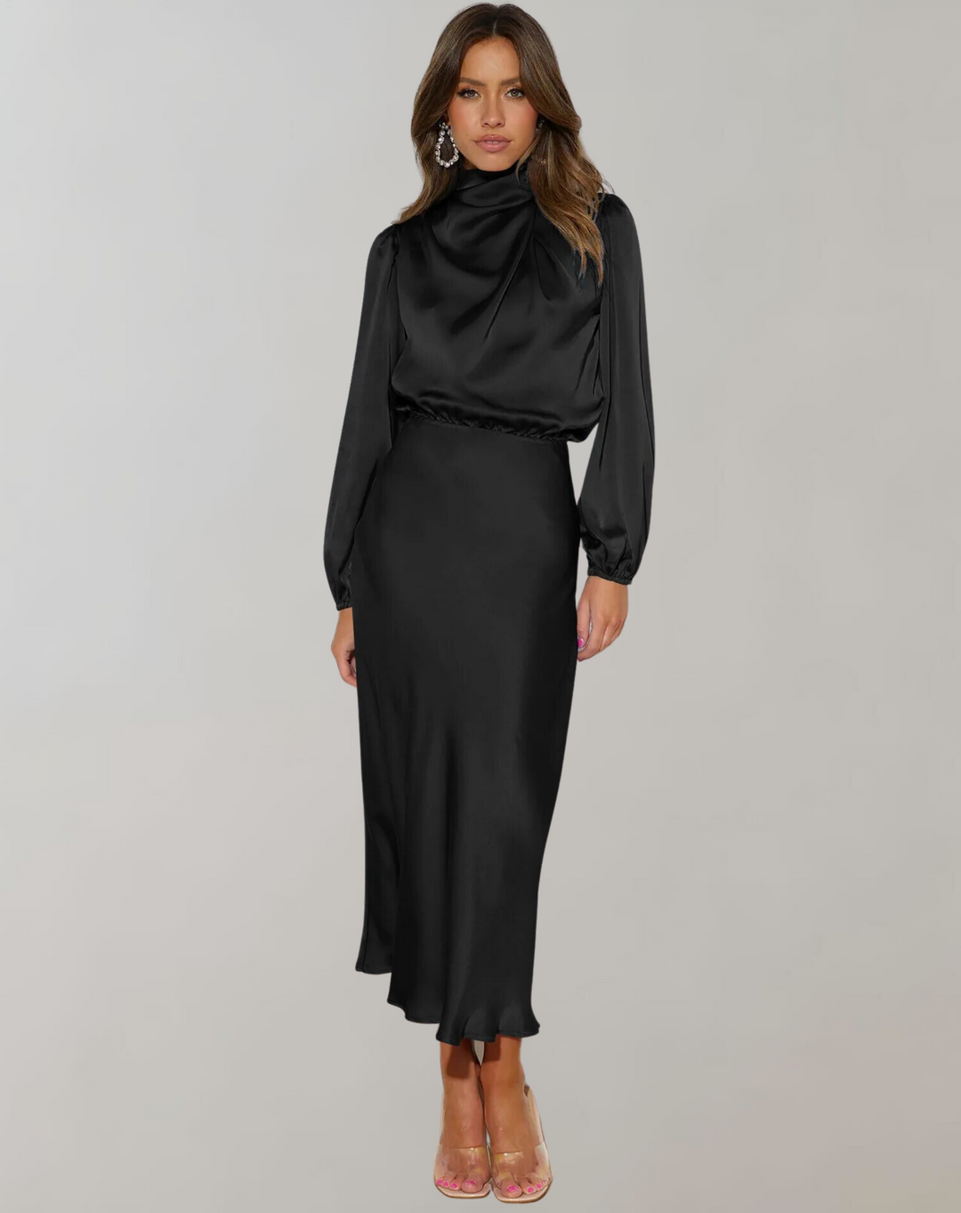 Hannah | Effortless High Neck Long Sleeve Winter Wedding Guest Dress