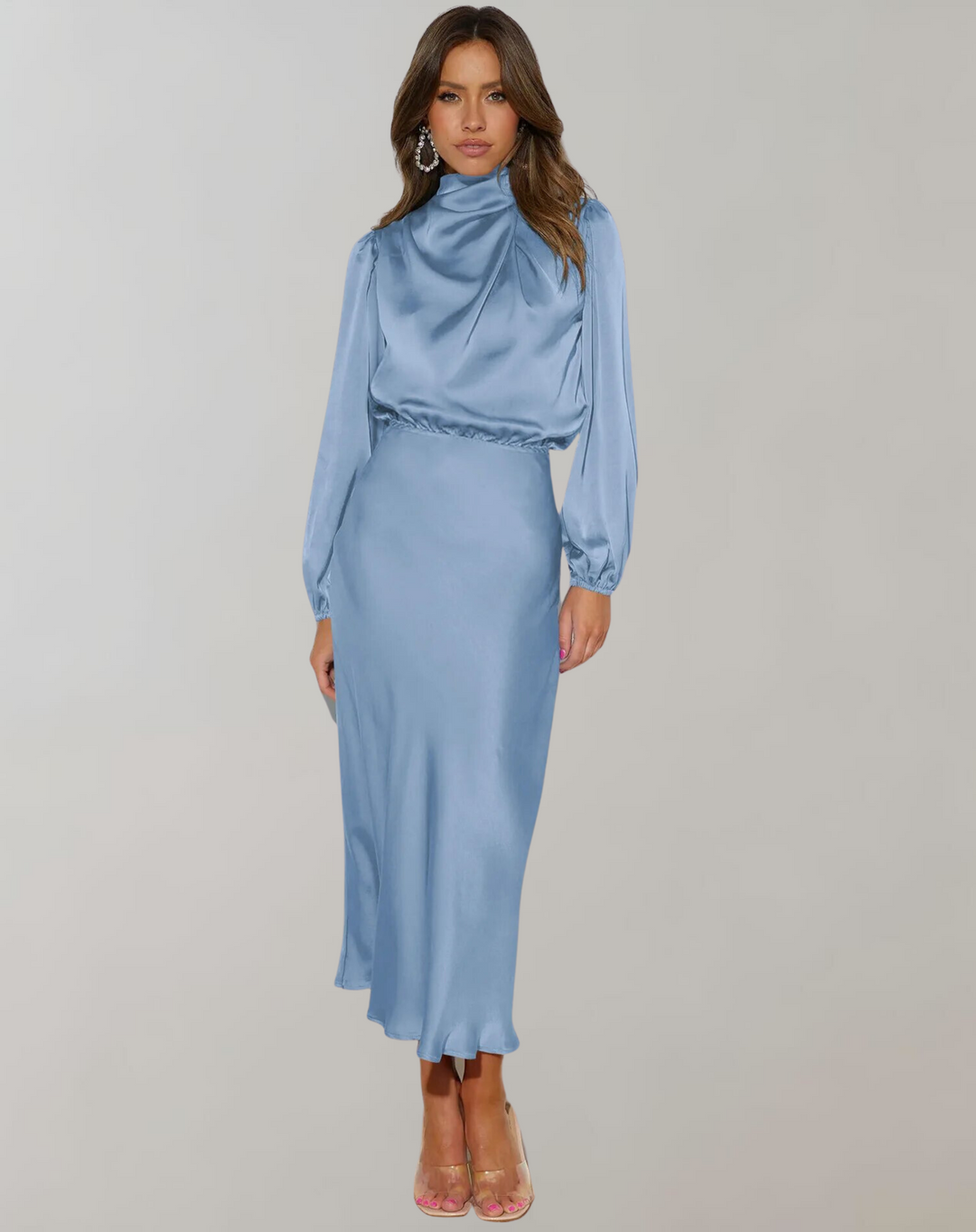Hannah | Effortless High Neck Long Sleeve Winter Wedding Guest Dress