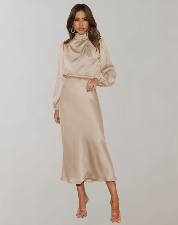 Hannah | Effortless High Neck Long Sleeve Winter Wedding Guest Dress