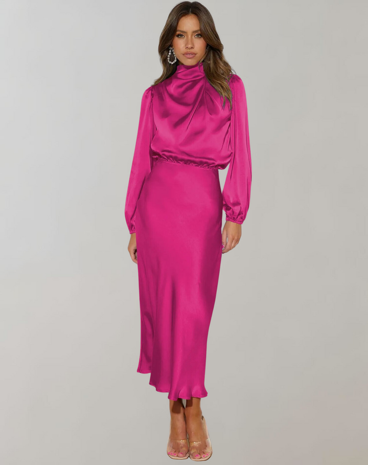Hannah | Effortless High Neck Long Sleeve Winter Wedding Guest Dress