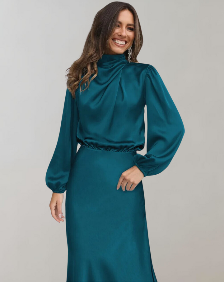 Hannah | Effortless High Neck Long Sleeve Winter Wedding Guest Dress