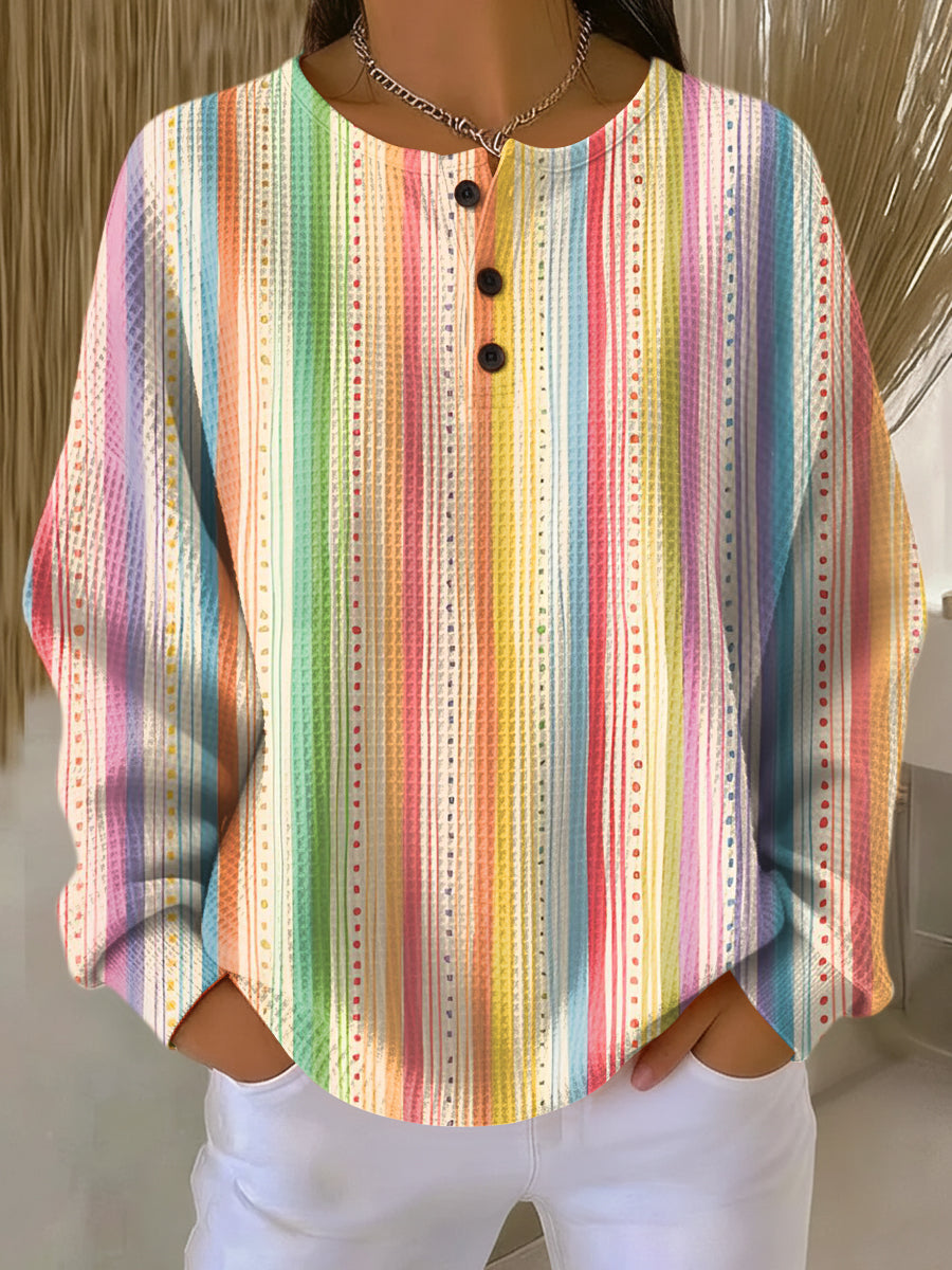 Heather | Striped Long Sleeve Henley Knit Sweater