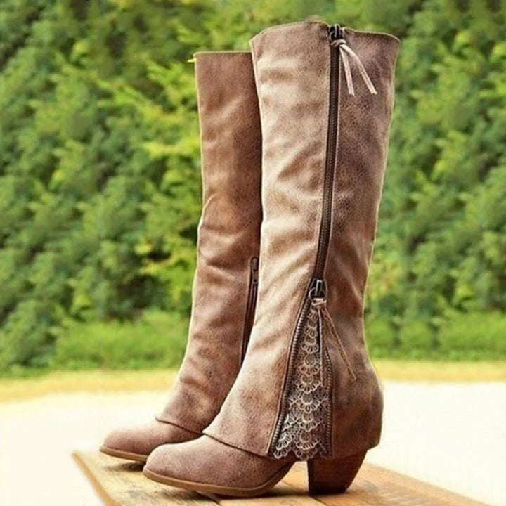 Helen | Block Heel Side Zip Knee High Boots