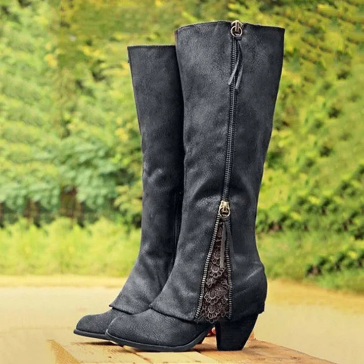 Helen | Block Heel Side Zip Knee High Boots
