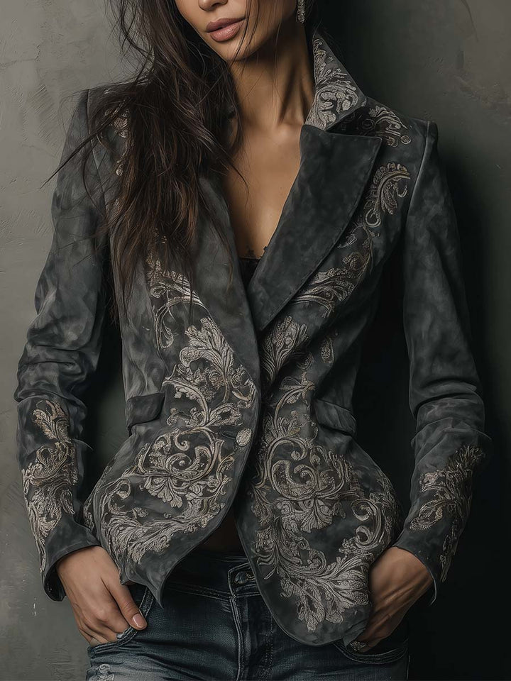 Helen | Classic Embossed Floral Tailored Long Sleeve Blazer