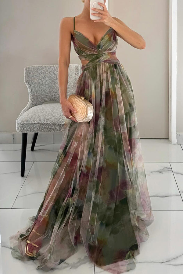 Ida | Elegant Printet Maxi Gallakjole med Slæb
