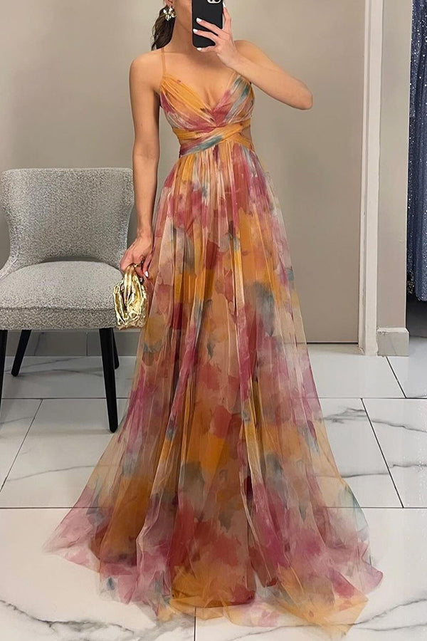 Ida | Elegant Printet Maxi Gallakjole med Slæb