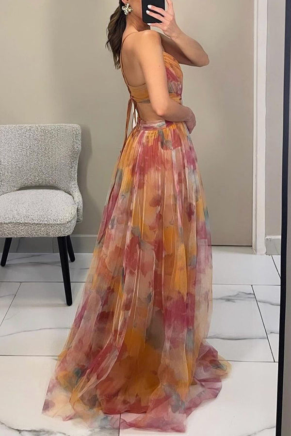 Ida | Elegant Printet Maxi Gallakjole med Slæb