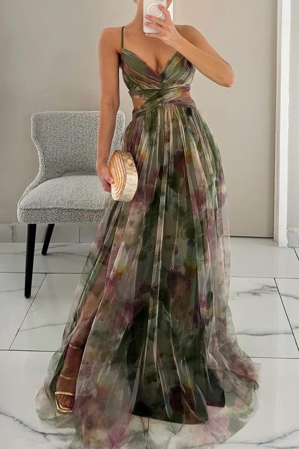 Ida | Elegant Printet Maxi Gallakjole med Slæb