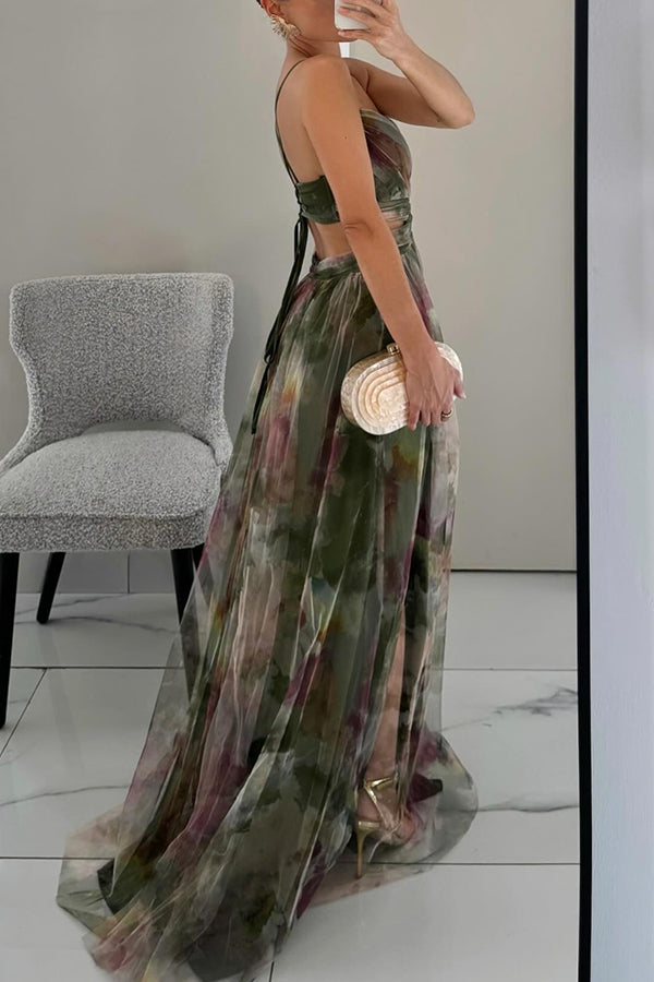 Ida | Elegant Printet Maxi Gallakjole med Slæb